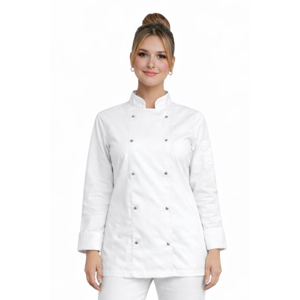 Bluza kucharska biała damska na napy długi rękaw roz. L – bluza kucharska – odzież gastronomiczna